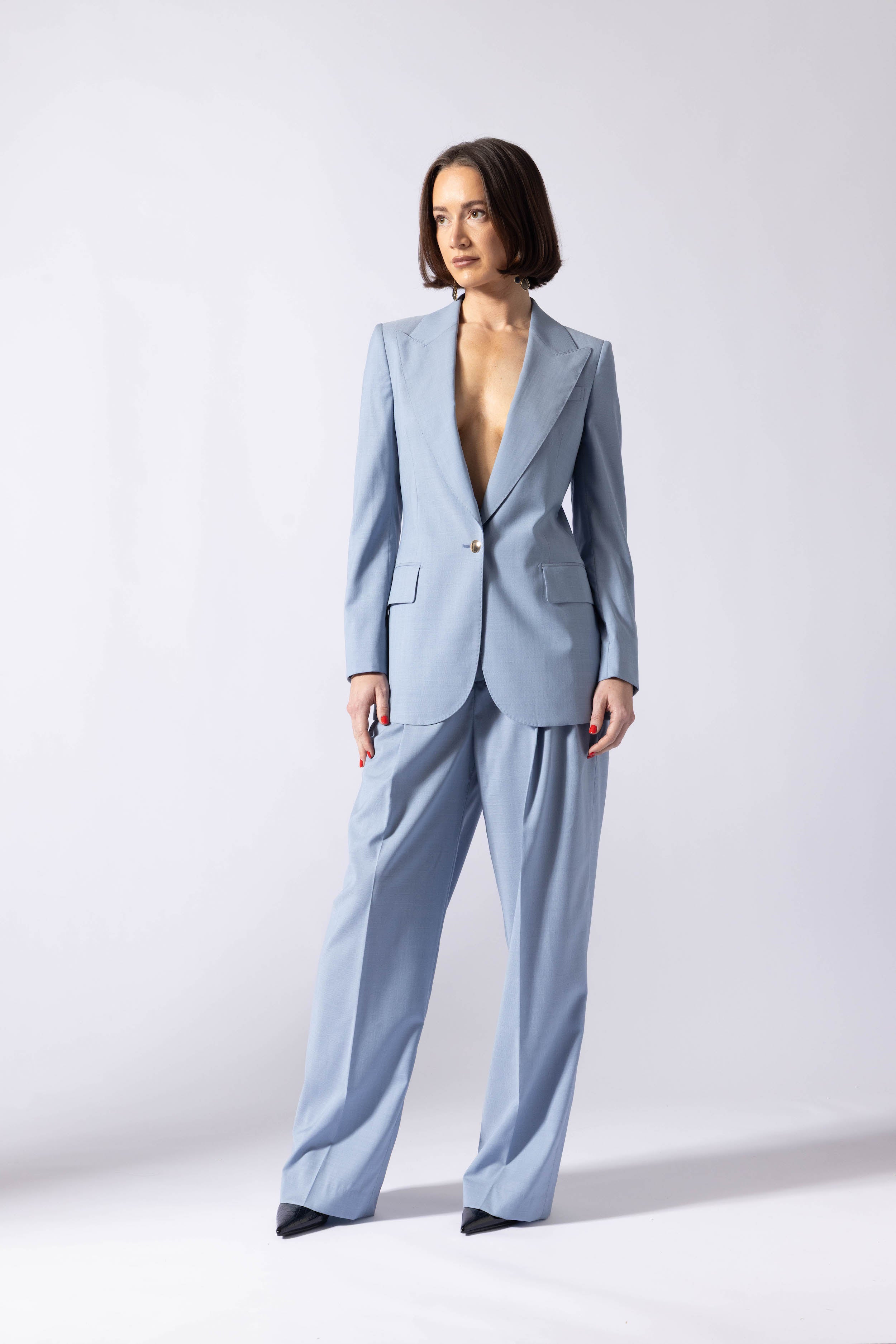 Bolsward Trousers - Straight leg pleated trousers in pale bl