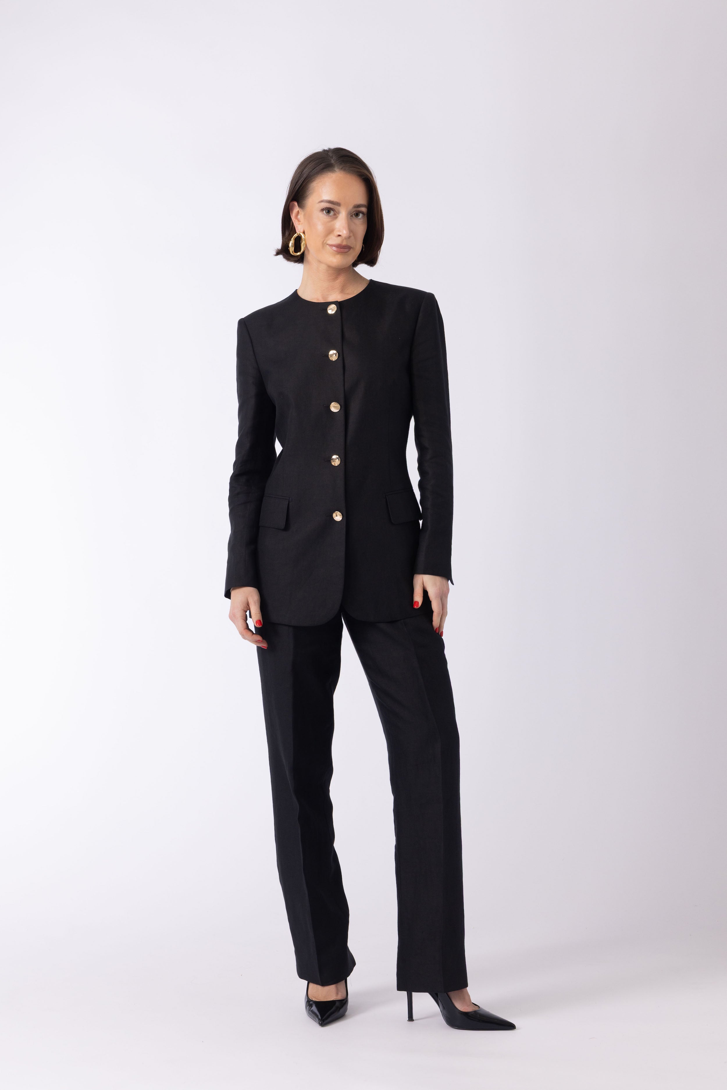 Lelystad Jacket - Crew neck jacket with gold button in black